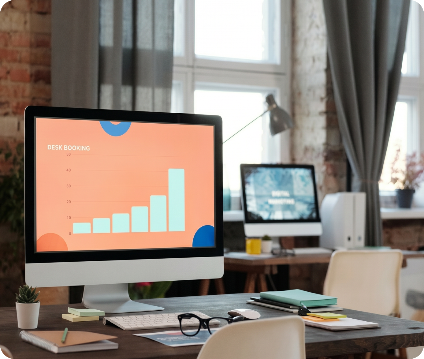 Desk booking analytics dashboard on a desktop monitor in a modern office